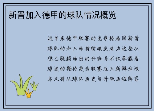 新晋加入德甲的球队情况概览