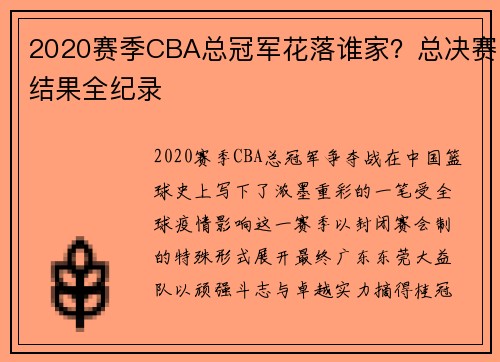 2020赛季CBA总冠军花落谁家？总决赛结果全纪录