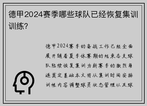 德甲2024赛季哪些球队已经恢复集训训练？